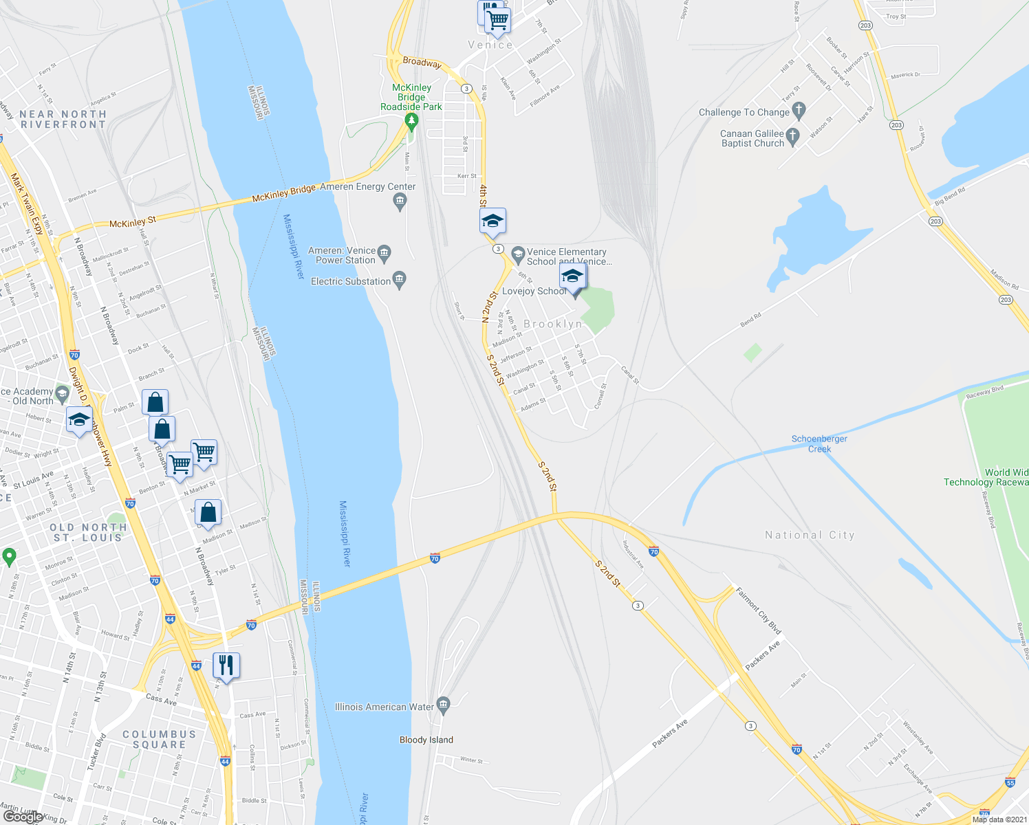 map of restaurants, bars, coffee shops, grocery stores, and more near 498 N Illinois Route 3 in Brooklyn