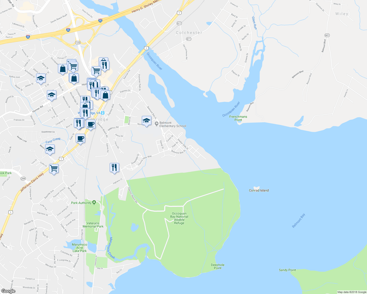 map of restaurants, bars, coffee shops, grocery stores, and more near 601 Harbor Side Street in Woodbridge