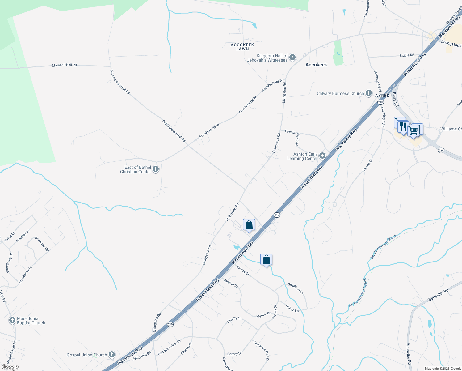 map of restaurants, bars, coffee shops, grocery stores, and more near 17017 Old Marshall Hall Rd in Accokeek