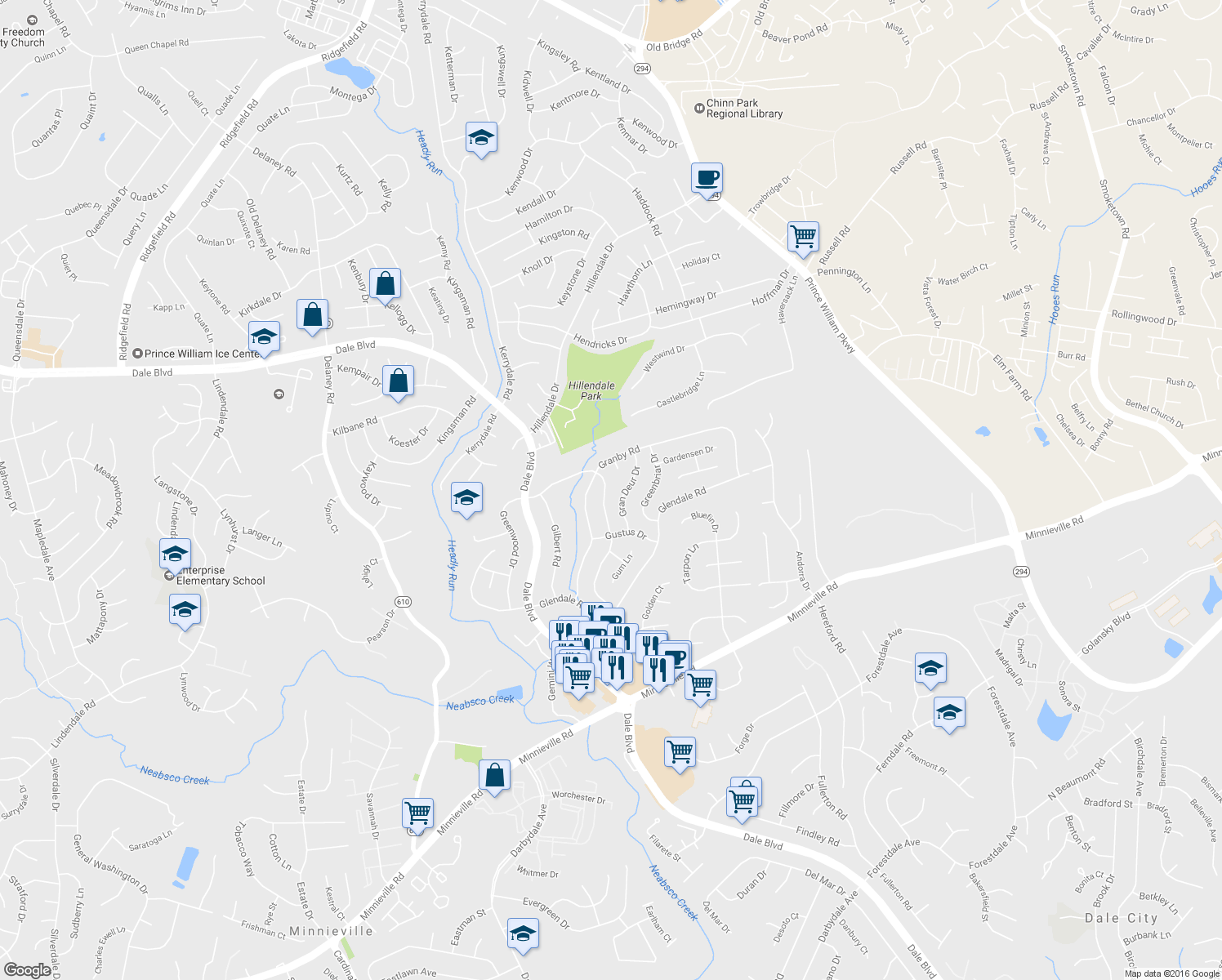 map of restaurants, bars, coffee shops, grocery stores, and more near 13709 Greenwood Drive in Woodbridge