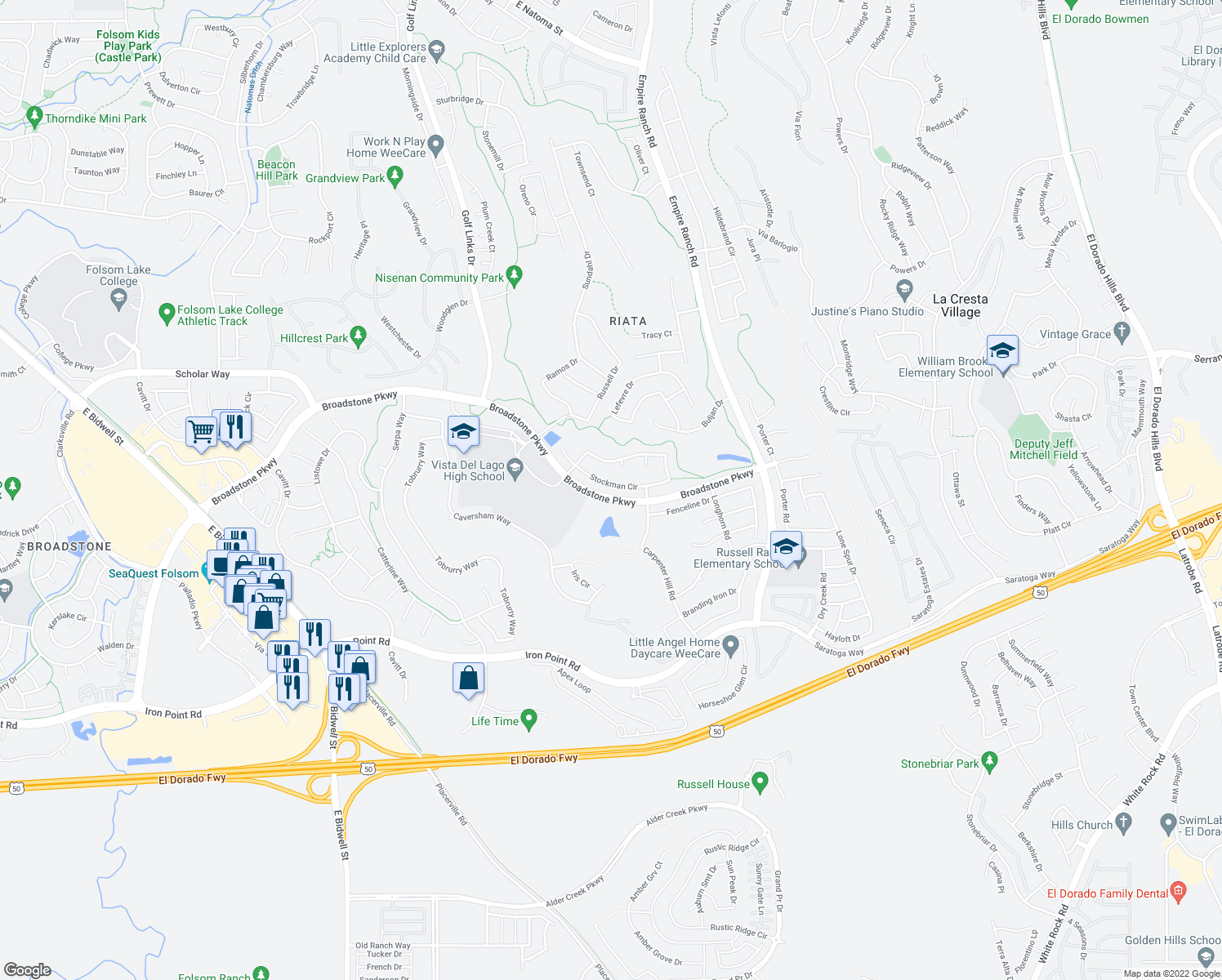 map of restaurants, bars, coffee shops, grocery stores, and more near 2174 Stockman Circle in Folsom