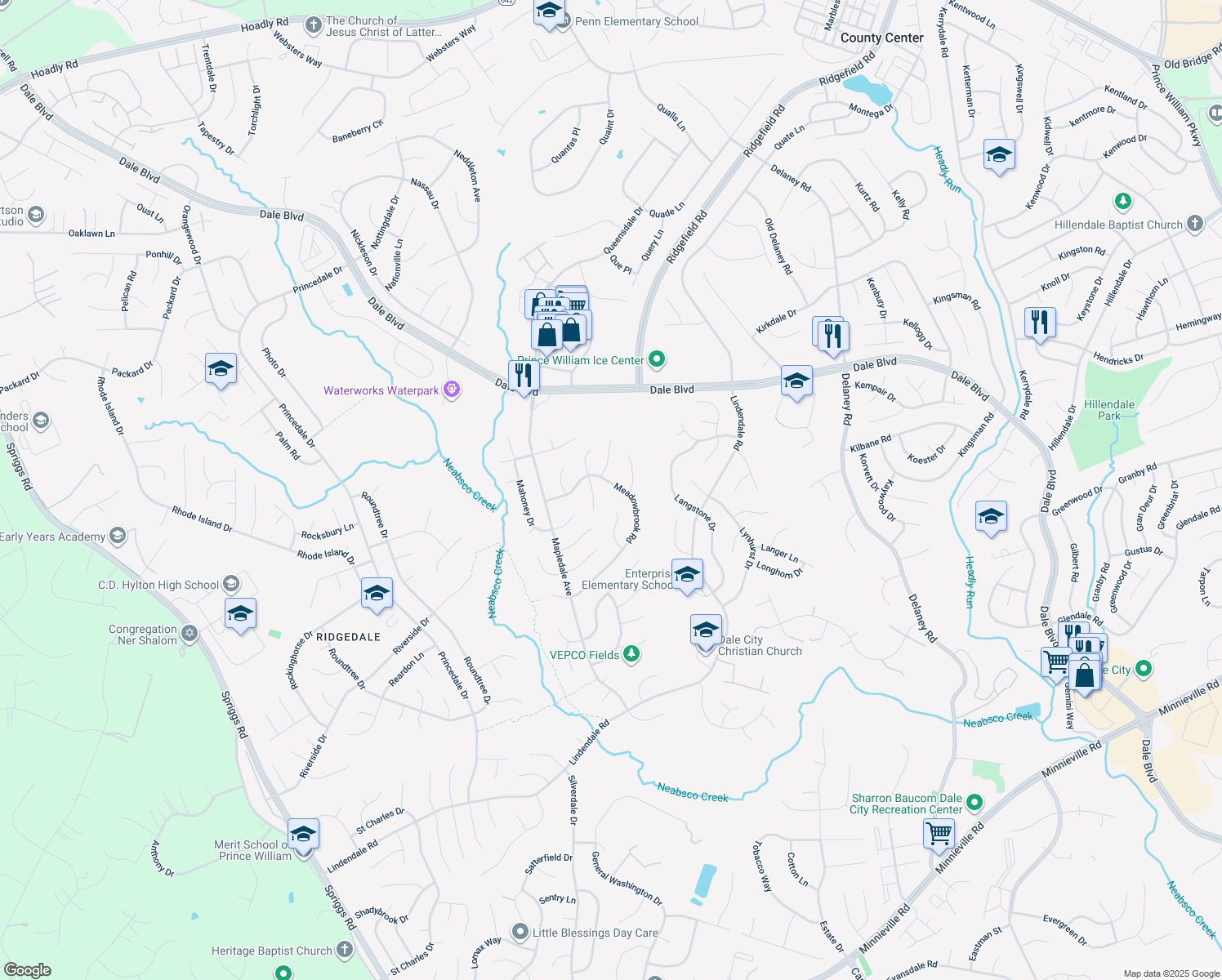 map of restaurants, bars, coffee shops, grocery stores, and more near 13780 Meadowbrook Road in Woodbridge