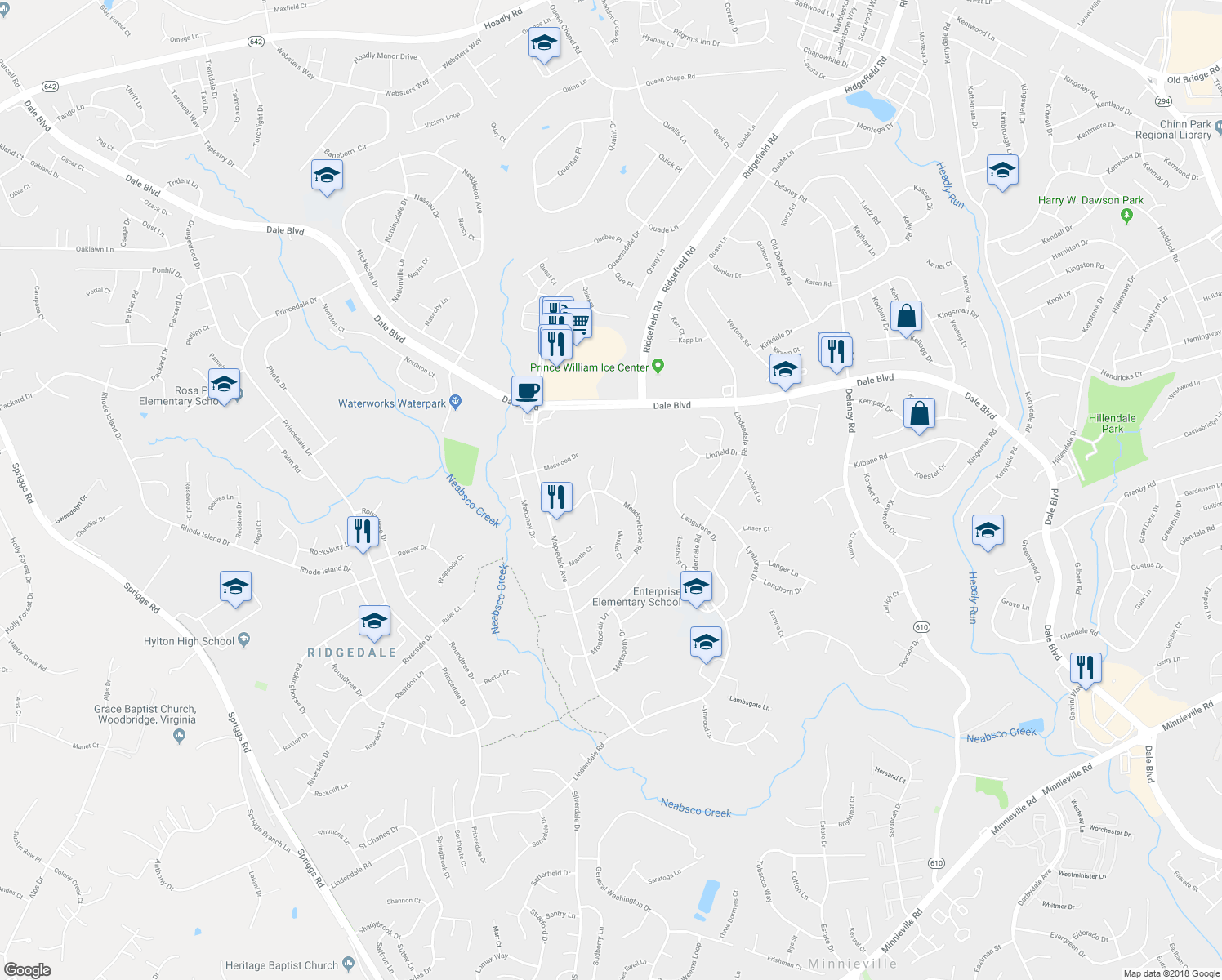 map of restaurants, bars, coffee shops, grocery stores, and more near 13777 Meadowbrook Road in Woodbridge