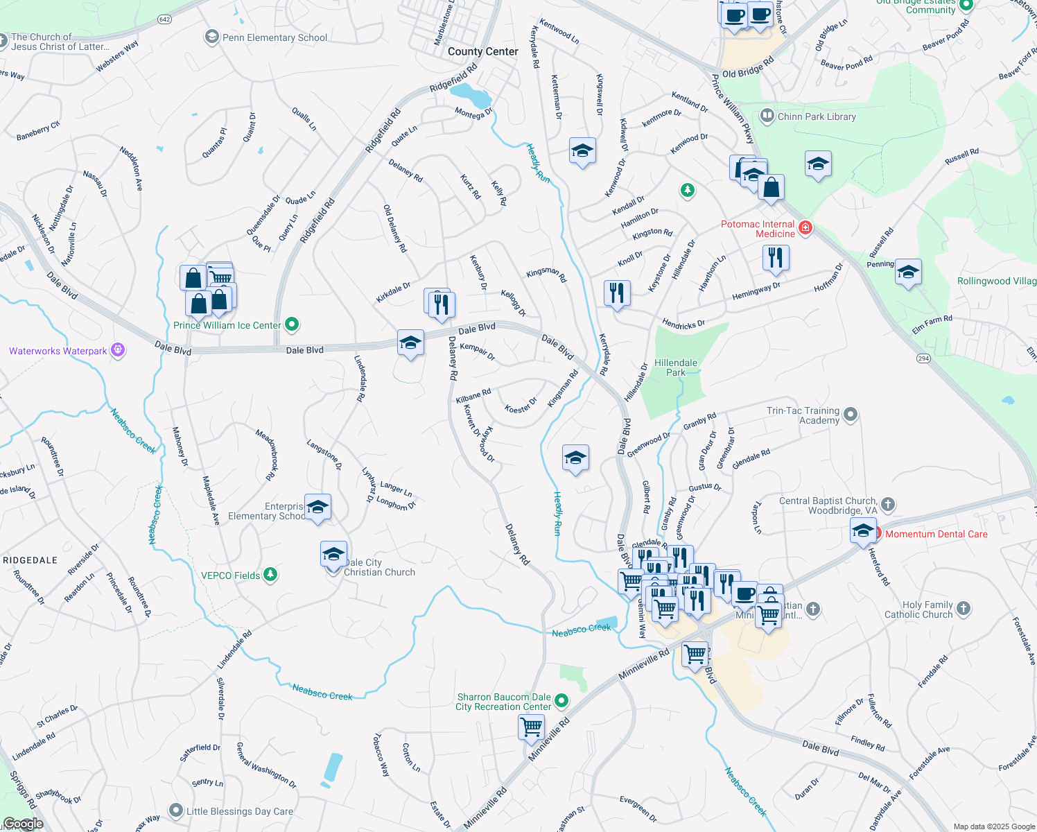 map of restaurants, bars, coffee shops, grocery stores, and more near 4721 Koester Dr in Woodbridge