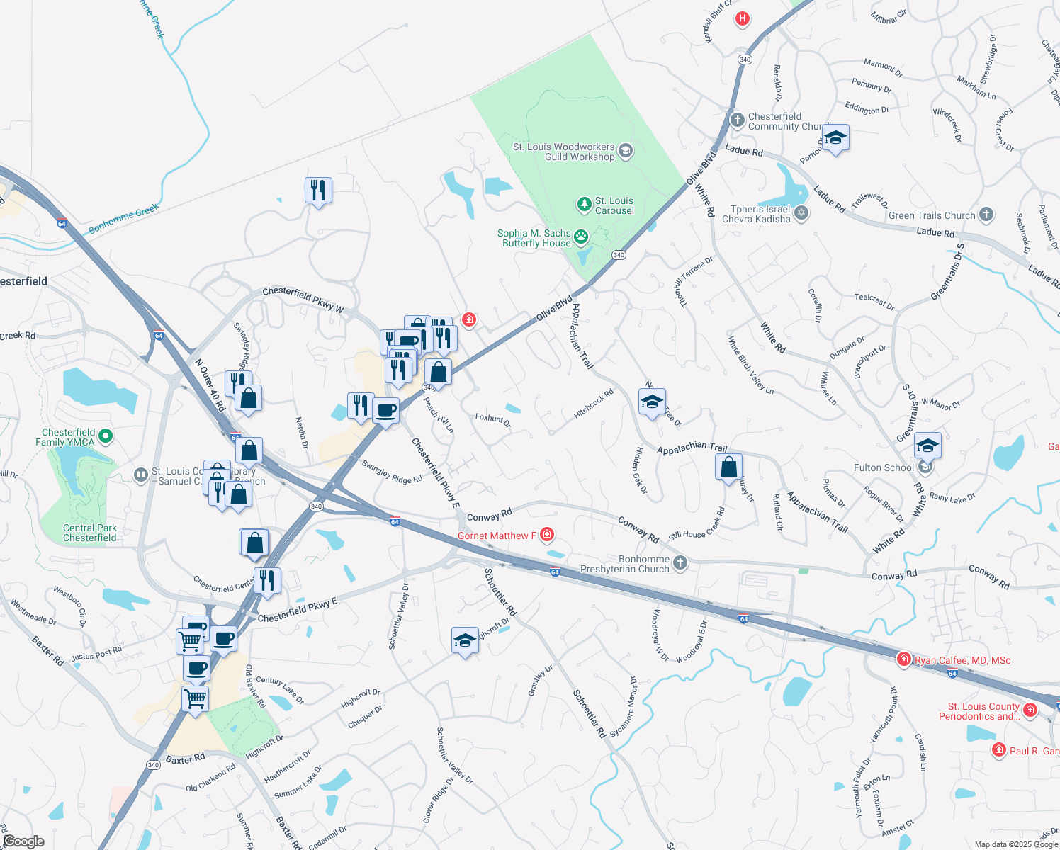 map of restaurants, bars, coffee shops, grocery stores, and more near 1104 Brisbane Drive in Chesterfield