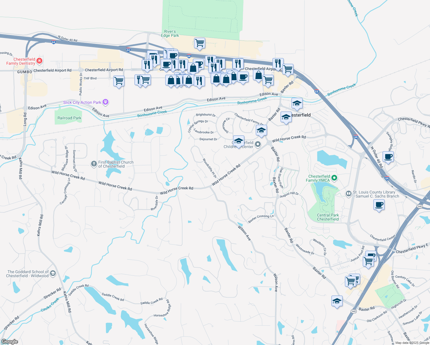 map of restaurants, bars, coffee shops, grocery stores, and more near 288 Woodcliffe Place Drive in Chesterfield