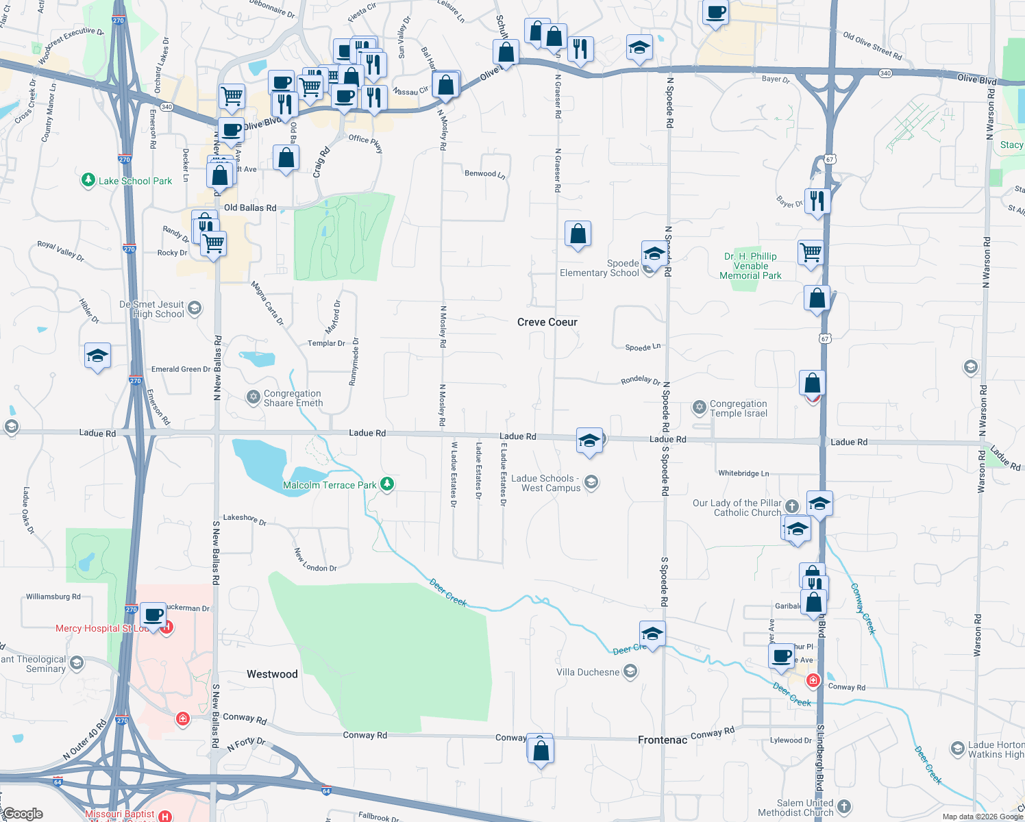 map of restaurants, bars, coffee shops, grocery stores, and more near 114 Hunters Grove Drive in Creve Coeur