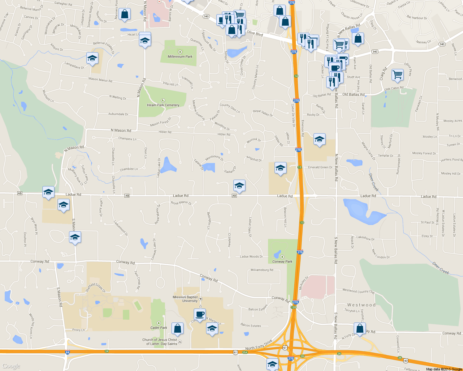 map of restaurants, bars, coffee shops, grocery stores, and more near 106 Worthington Oaks Drive in Creve Coeur