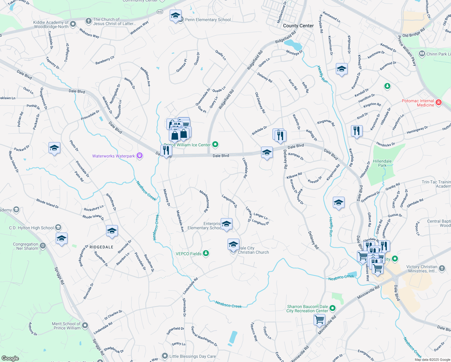 map of restaurants, bars, coffee shops, grocery stores, and more near 13709 Langstone Drive in Woodbridge