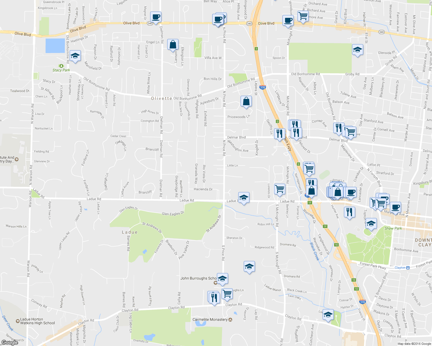 map of restaurants, bars, coffee shops, grocery stores, and more near 3 Buckhammon Place in St. Louis