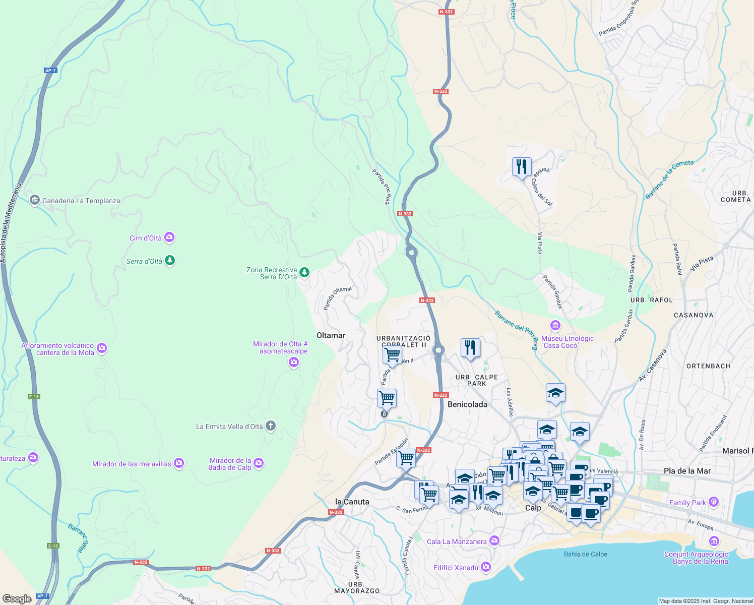 map of restaurants, bars, coffee shops, grocery stores, and more near 4 Partida Oltamar in Calp