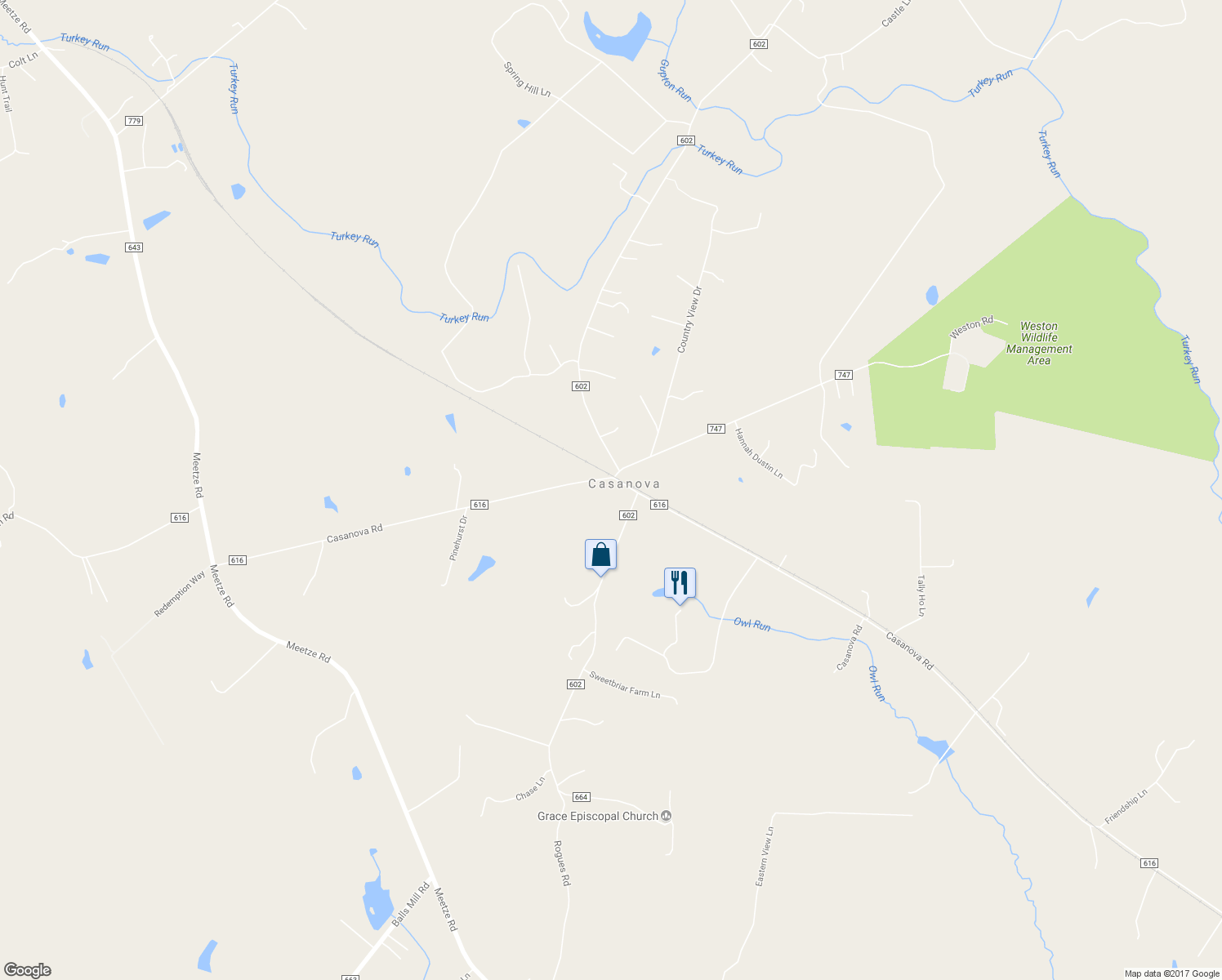 map of restaurants, bars, coffee shops, grocery stores, and more near 5149 Casanova Road in Warrenton