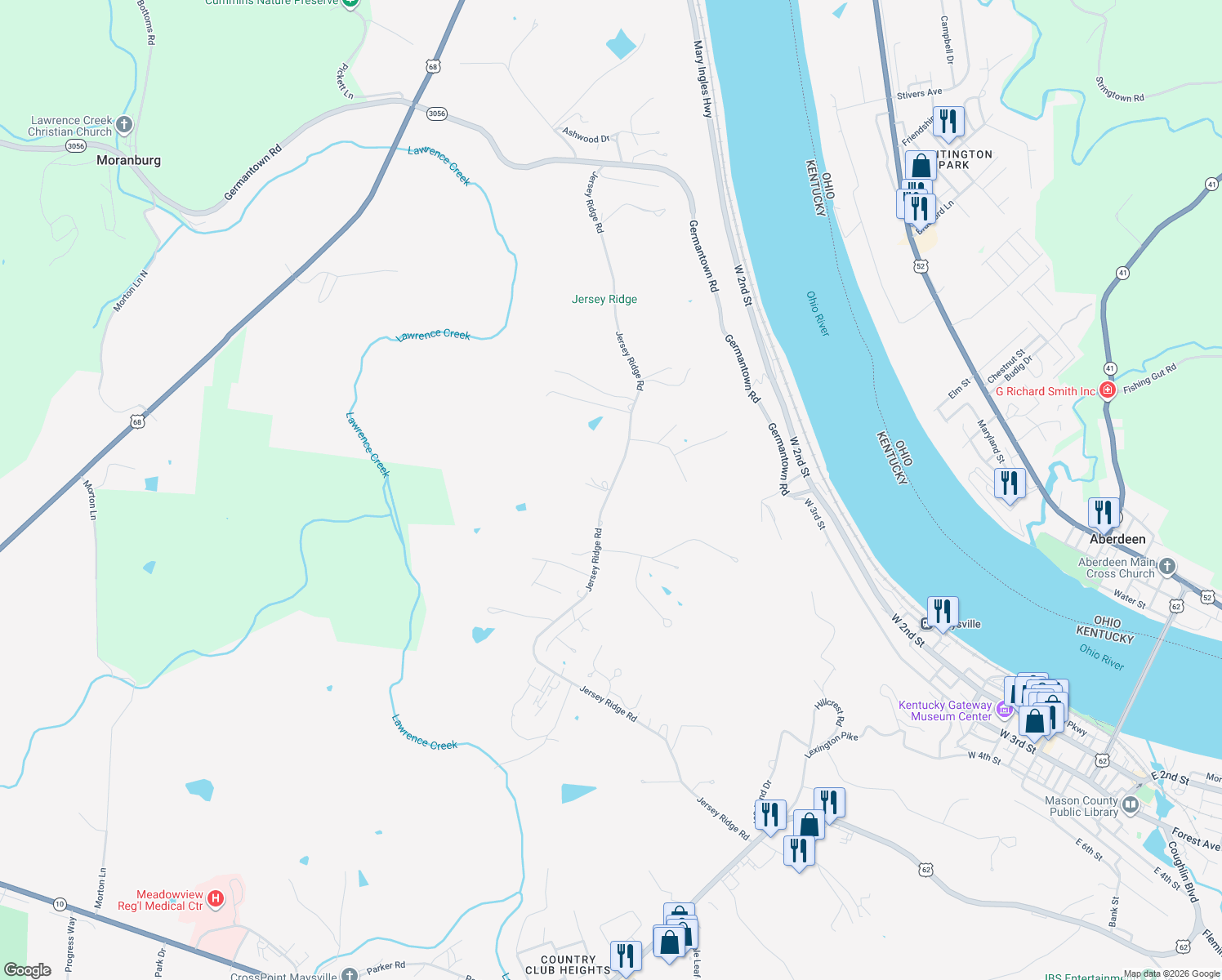 map of restaurants, bars, coffee shops, grocery stores, and more near 845 Jersey Ridge Road in Maysville