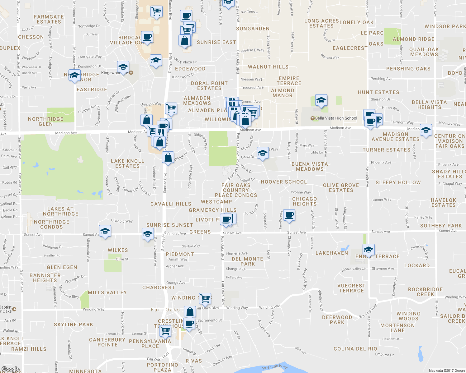 map of restaurants, bars, coffee shops, grocery stores, and more near 11330 Fair Oaks Boulevard in Fair Oaks