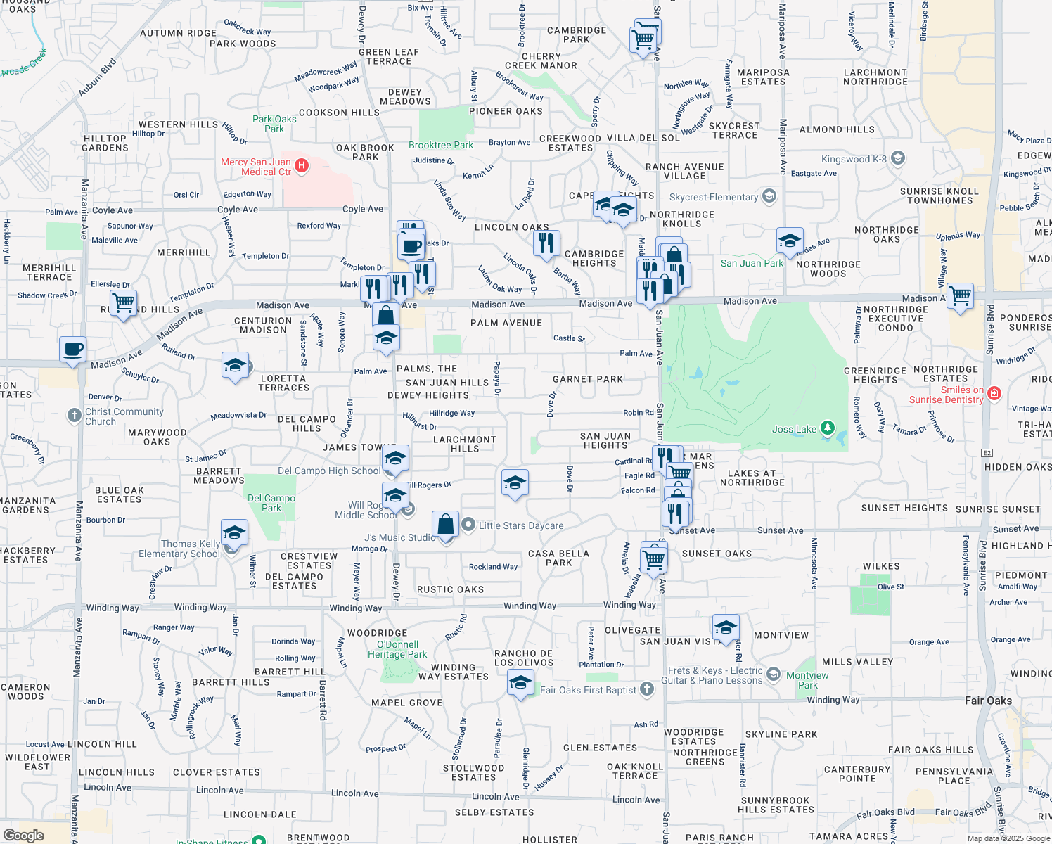 map of restaurants, bars, coffee shops, grocery stores, and more near 5044 Waterbury Way in Fair Oaks