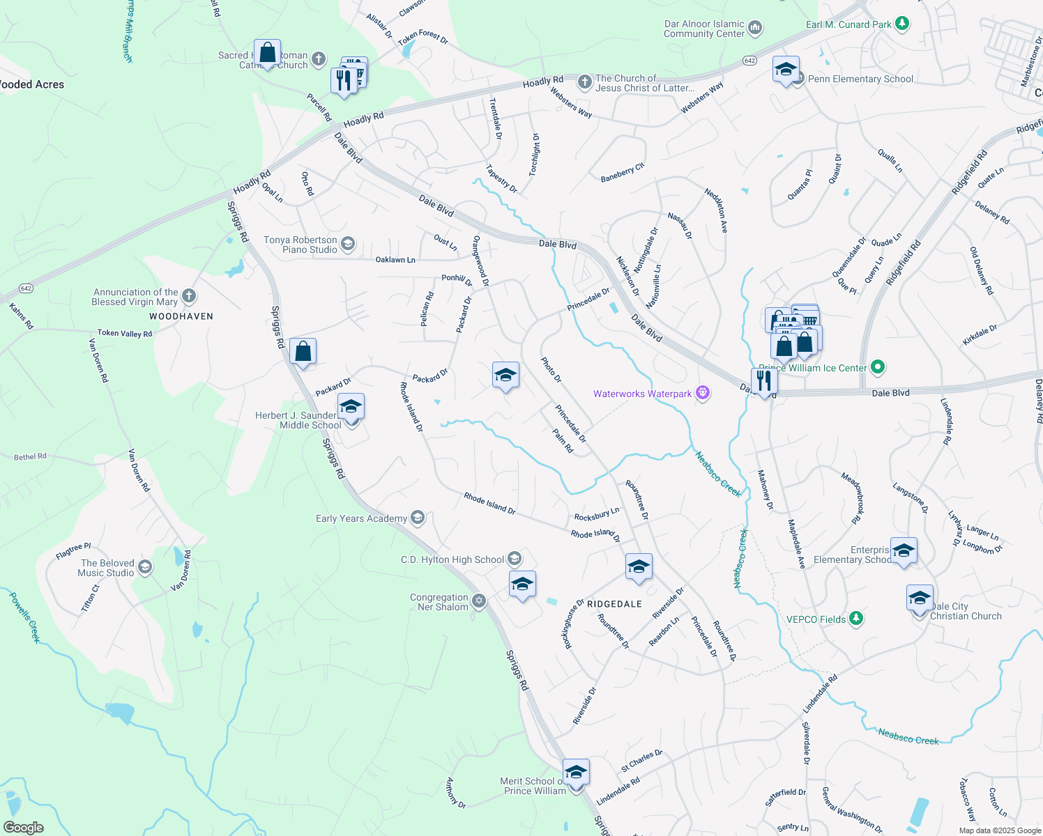 map of restaurants, bars, coffee shops, grocery stores, and more near 5884 Pontiac Drive in Woodbridge
