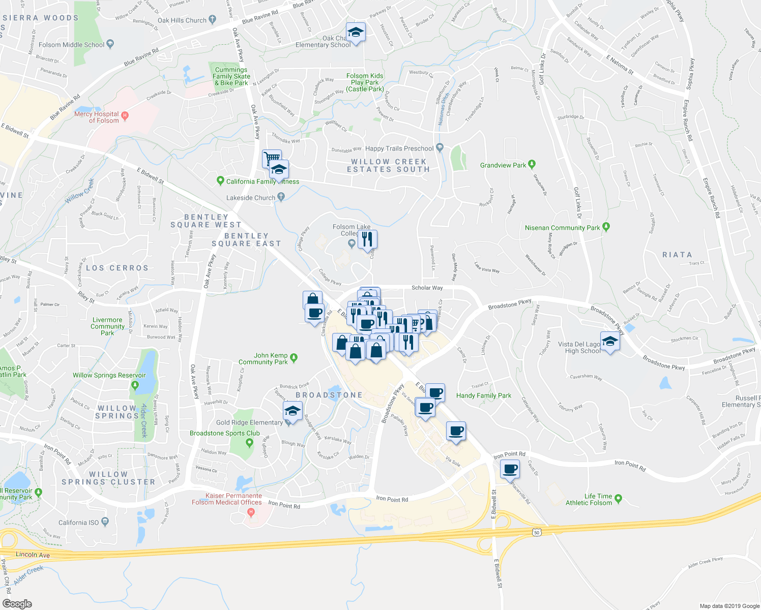 map of restaurants, bars, coffee shops, grocery stores, and more near in Folsom