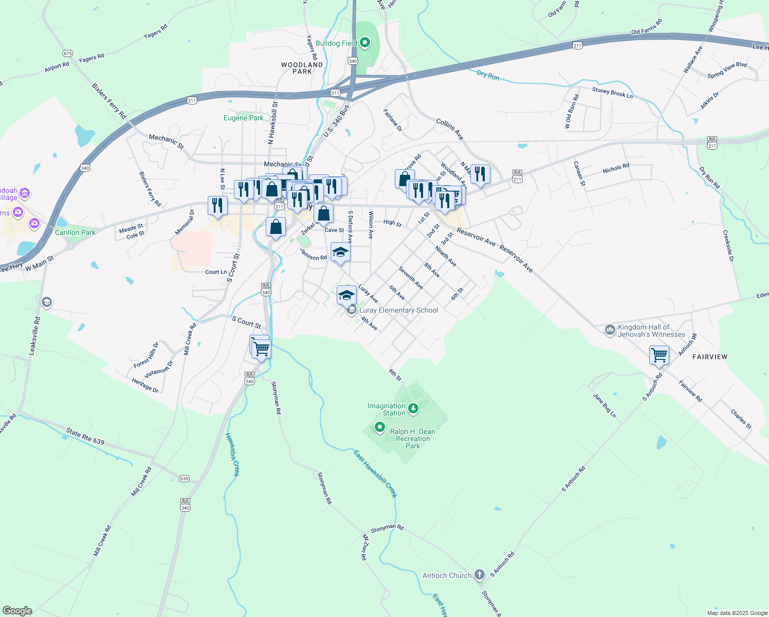 map of restaurants, bars, coffee shops, grocery stores, and more near 311 Luray Avenue in Luray