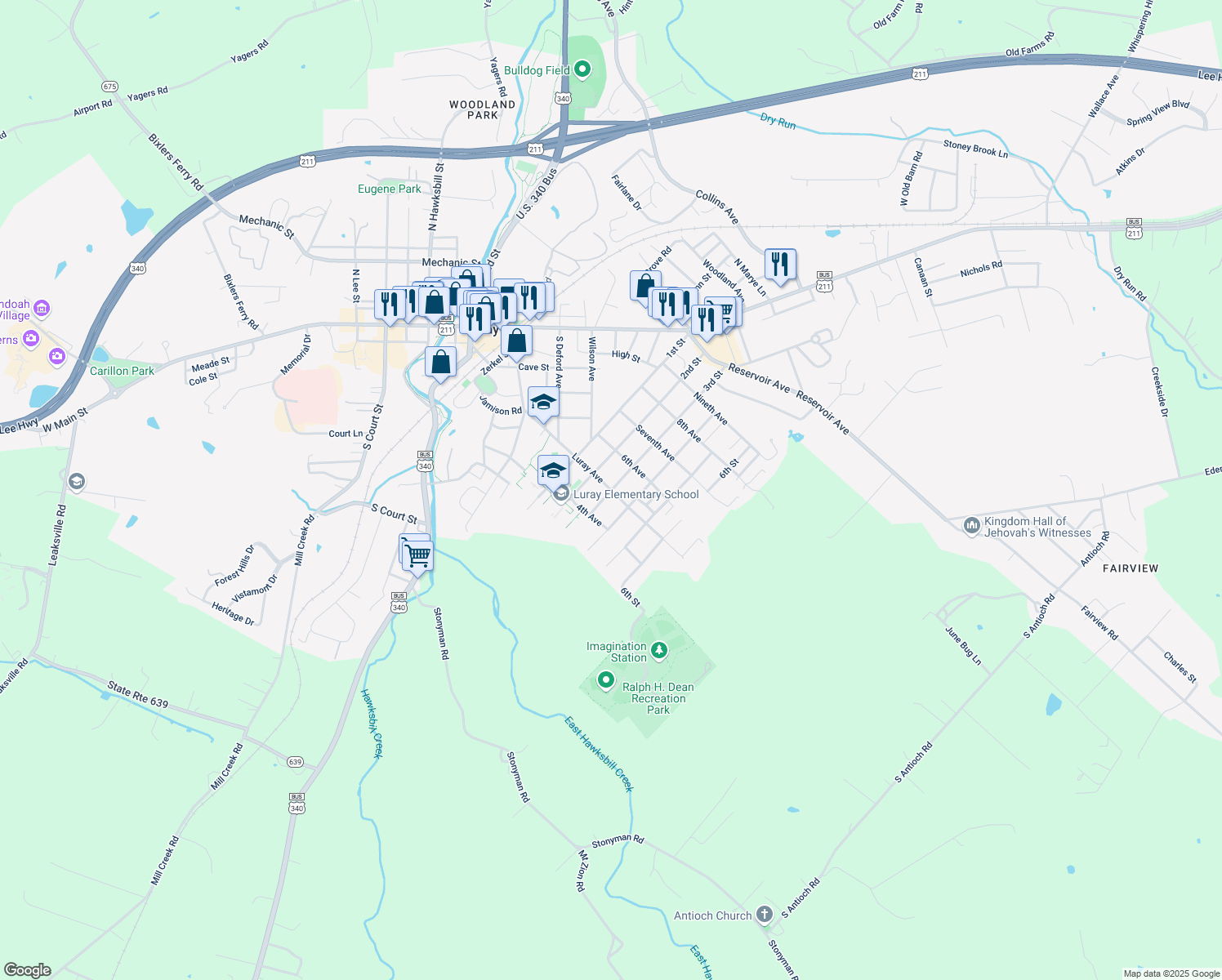 map of restaurants, bars, coffee shops, grocery stores, and more near Luray Avenue in Luray
