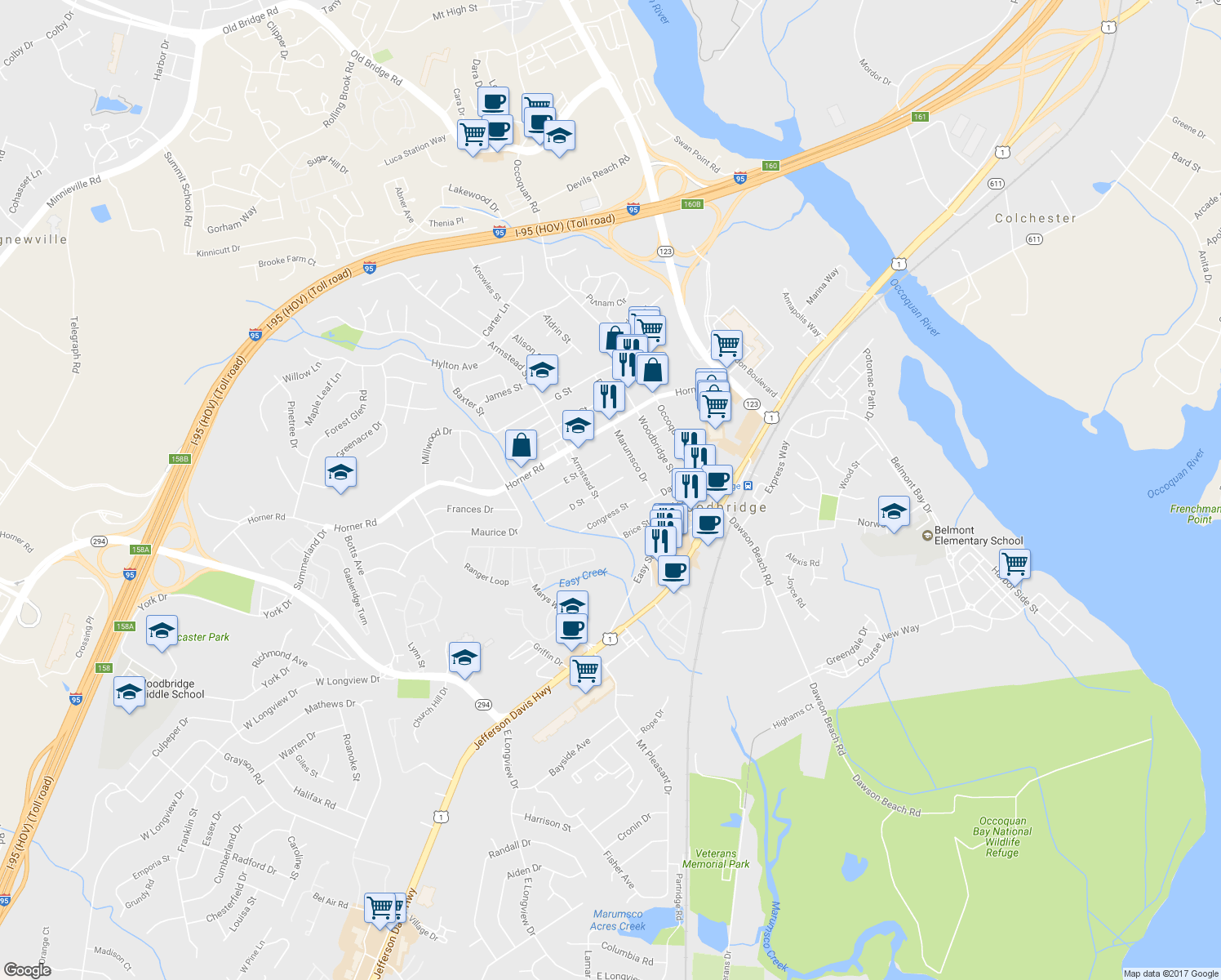 map of restaurants, bars, coffee shops, grocery stores, and more near 1309 D Street in Woodbridge