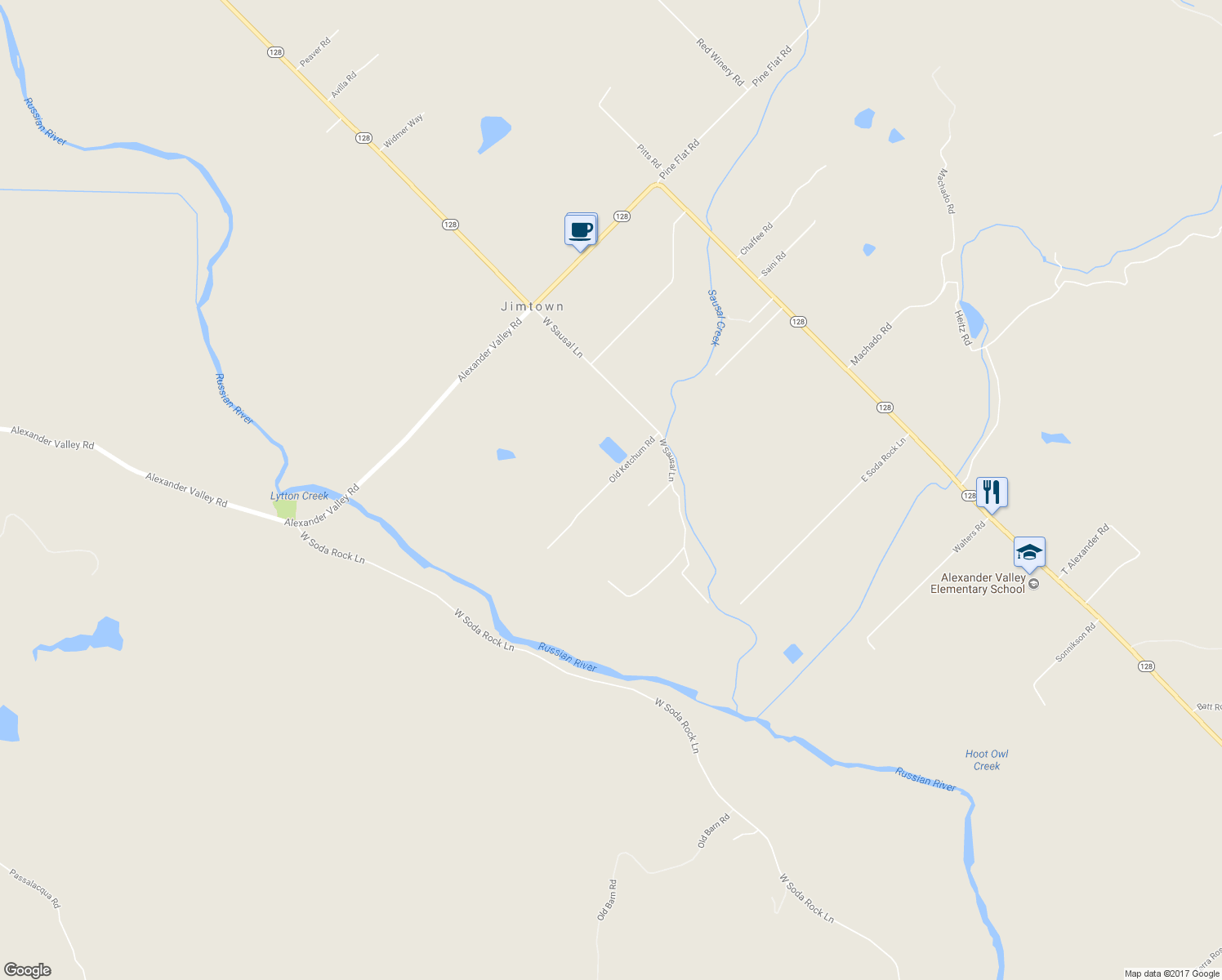 map of restaurants, bars, coffee shops, grocery stores, and more near 3960 West Sausal Lane in Healdsburg