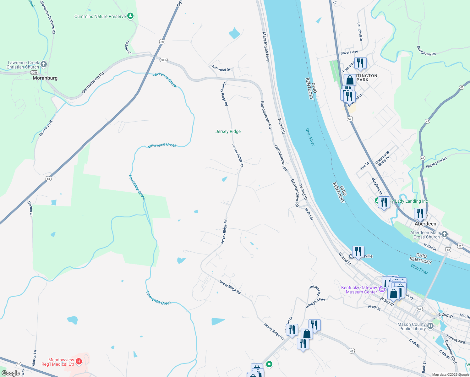map of restaurants, bars, coffee shops, grocery stores, and more near 858 Jersey Ridge Road in Maysville