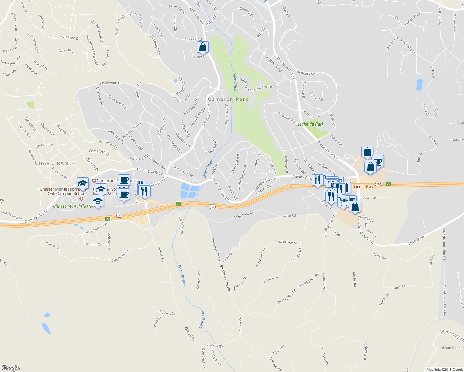 map of restaurants, bars, coffee shops, grocery stores, and more near 3937 Rustic Road in Cameron Park