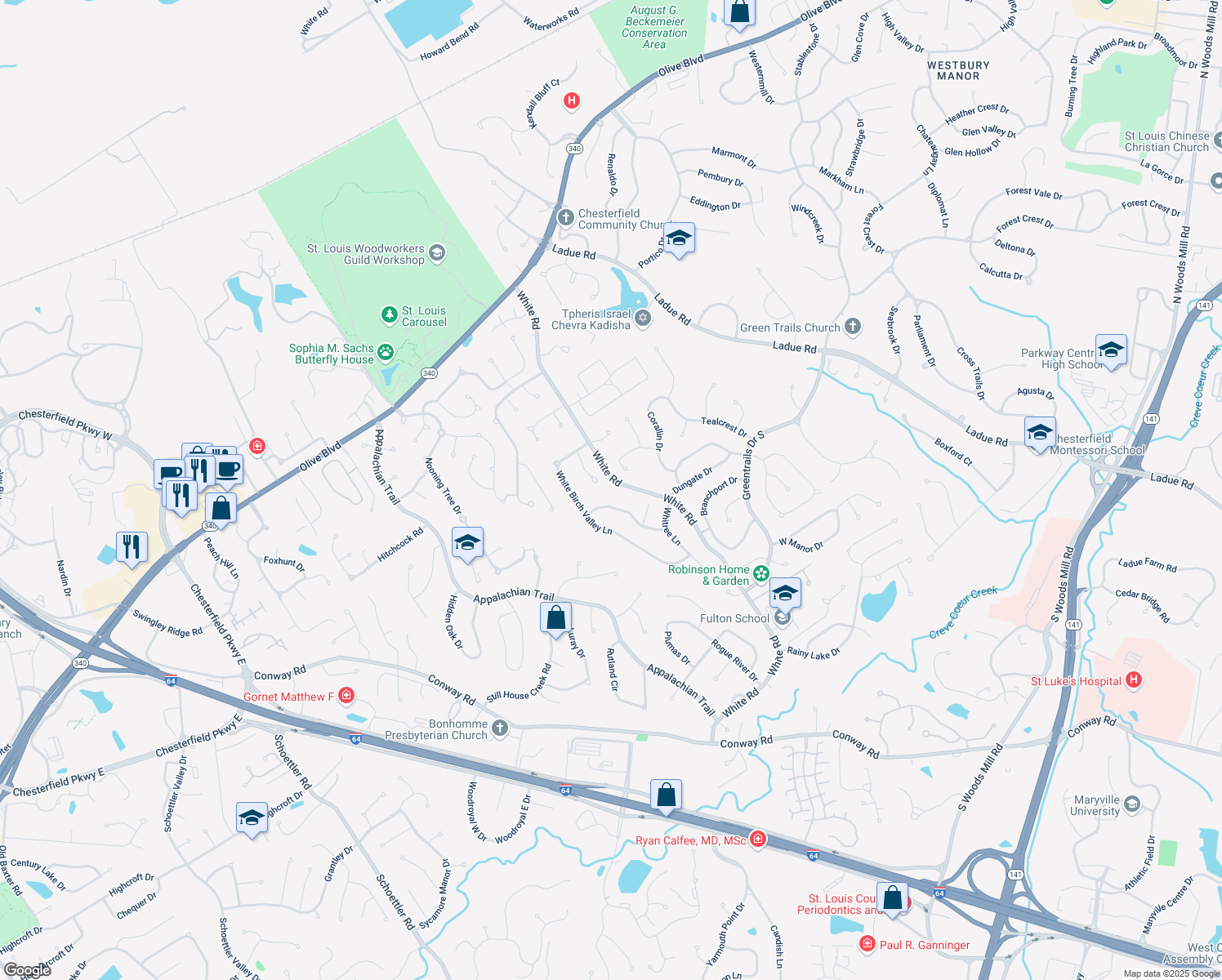 map of restaurants, bars, coffee shops, grocery stores, and more near 883 White Rd in Chesterfield