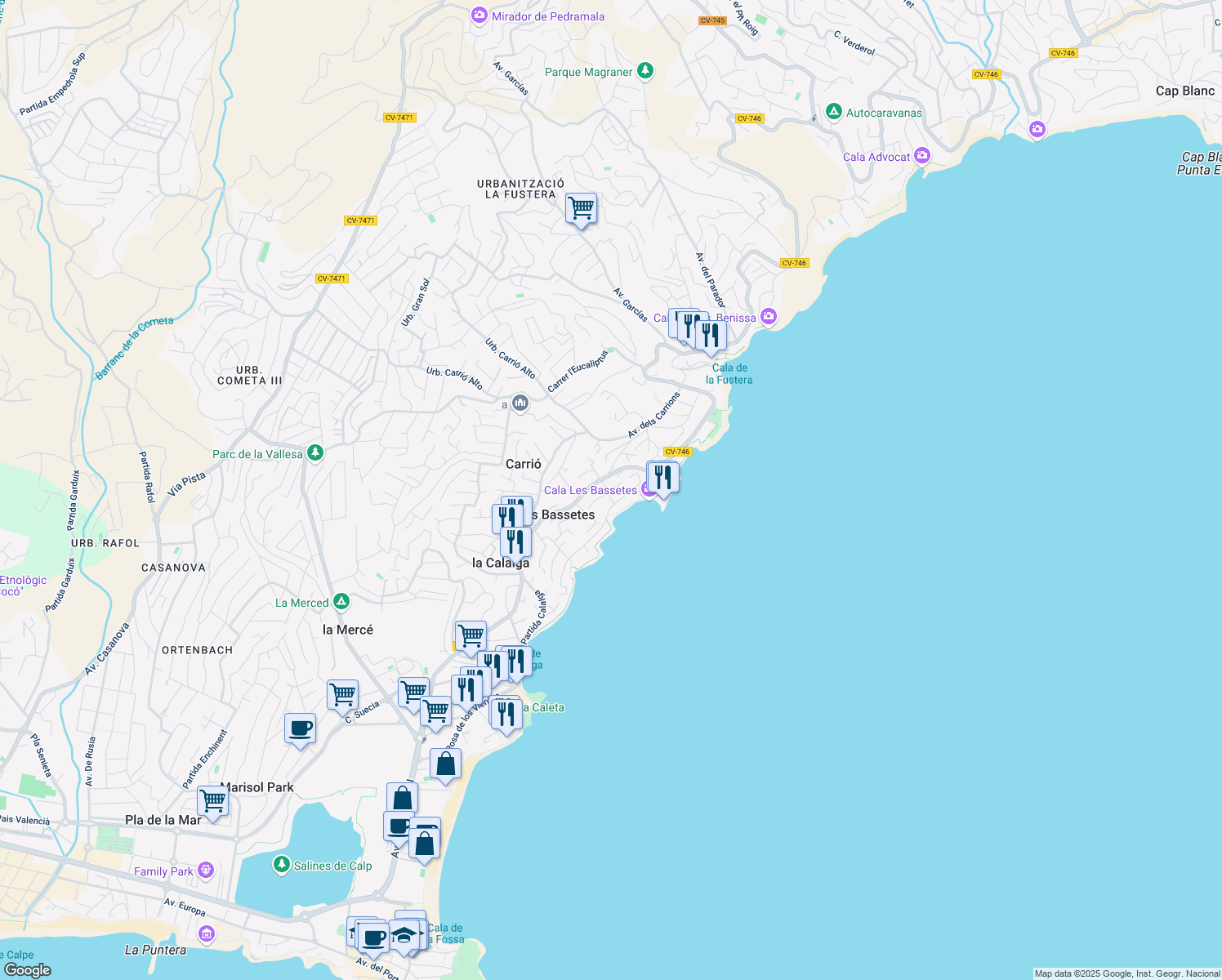 map of restaurants, bars, coffee shops, grocery stores, and more near 3F Partida Bassetes in Calp