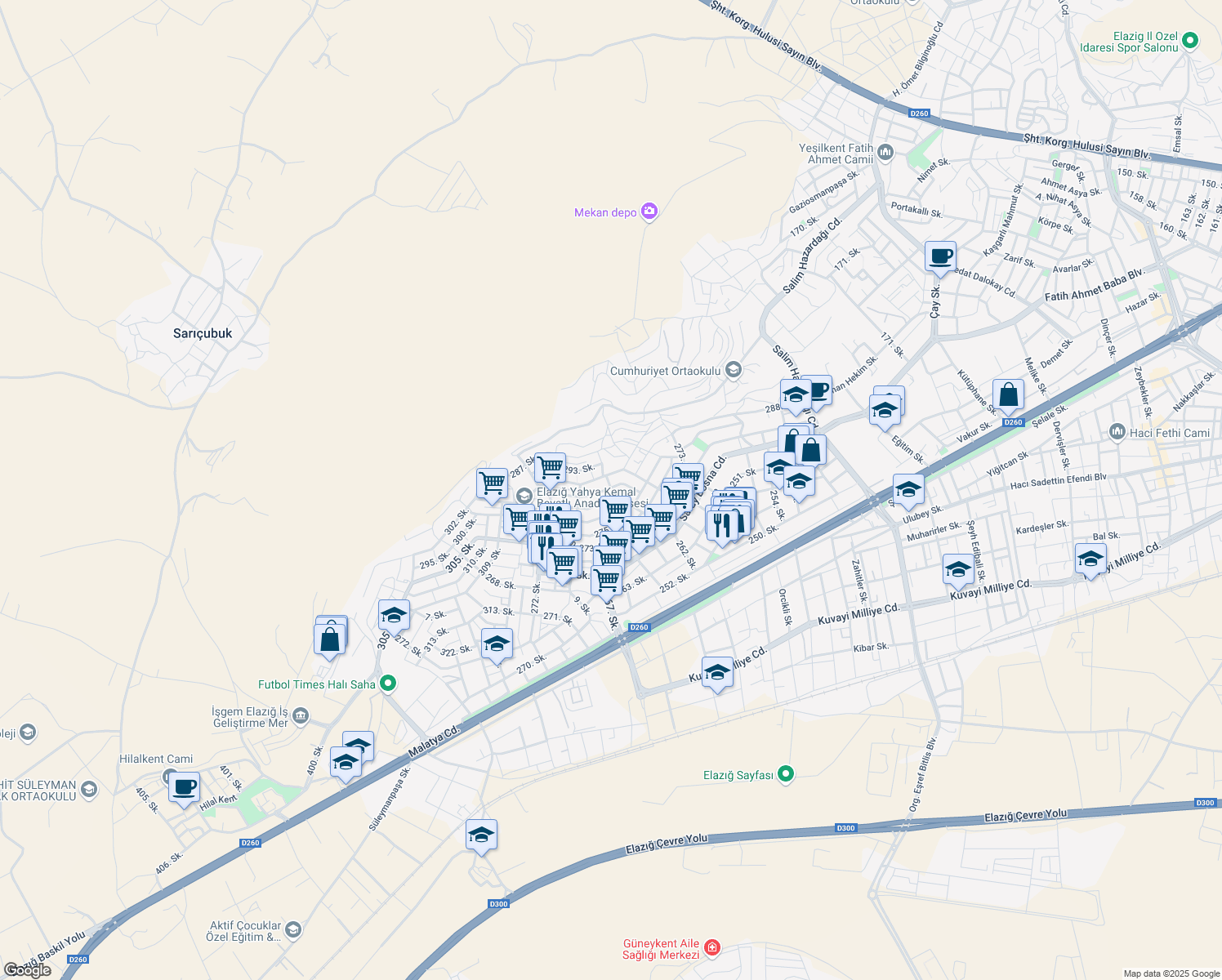 map of restaurants, bars, coffee shops, grocery stores, and more near 278. Sokak in Elâzığ Merkez