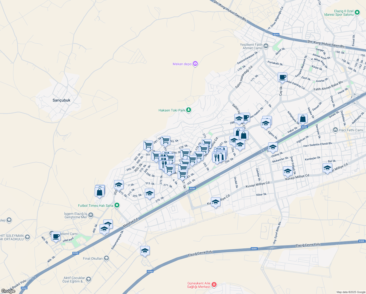 map of restaurants, bars, coffee shops, grocery stores, and more near 278. Sokak in Elâzığ Merkez
