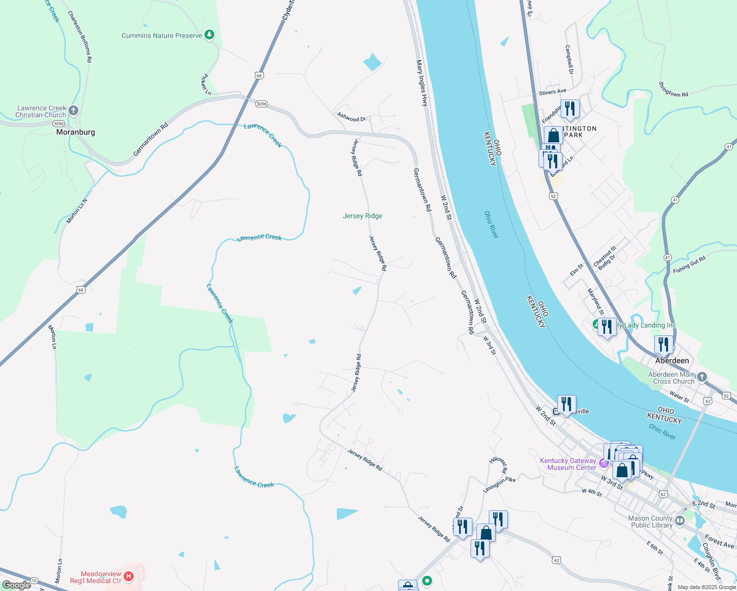 map of restaurants, bars, coffee shops, grocery stores, and more near 858 Jersey Ridge Road in Maysville
