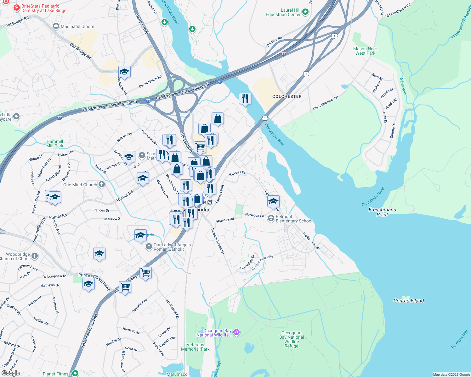 map of restaurants, bars, coffee shops, grocery stores, and more near 913 Wingfield Road in Woodbridge
