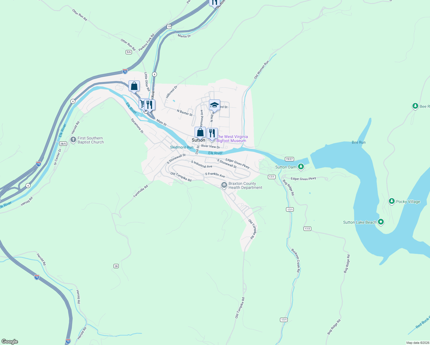 map of restaurants, bars, coffee shops, grocery stores, and more near 461 S Franklin Ave in Sutton