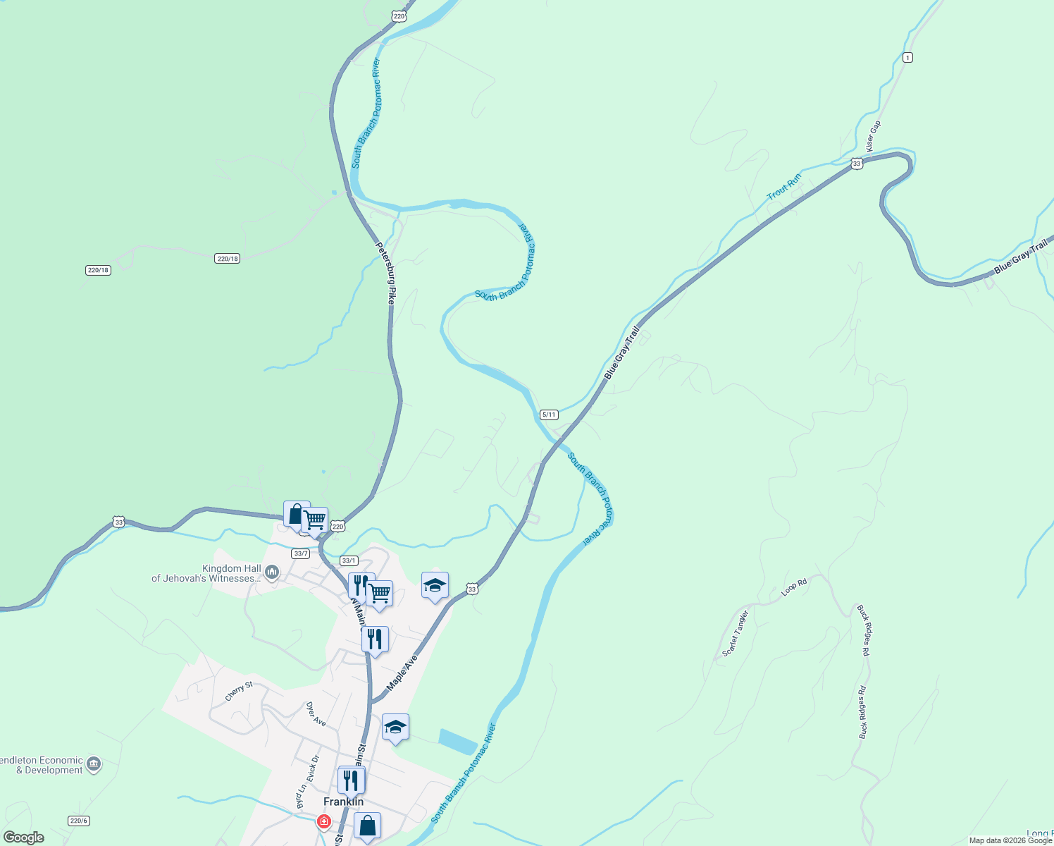 map of restaurants, bars, coffee shops, grocery stores, and more near 88 Luvlee View Lane in Franklin