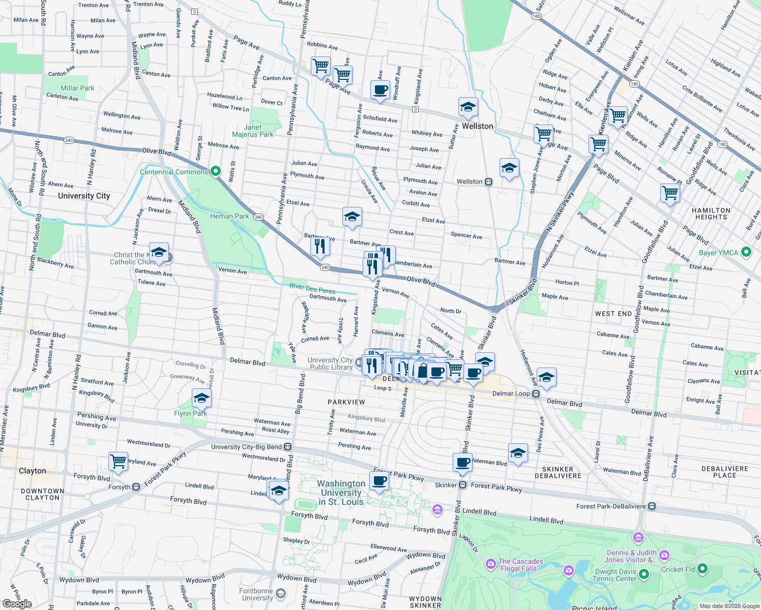 map of restaurants, bars, coffee shops, grocery stores, and more near 844 Kingsland Avenue in University City
