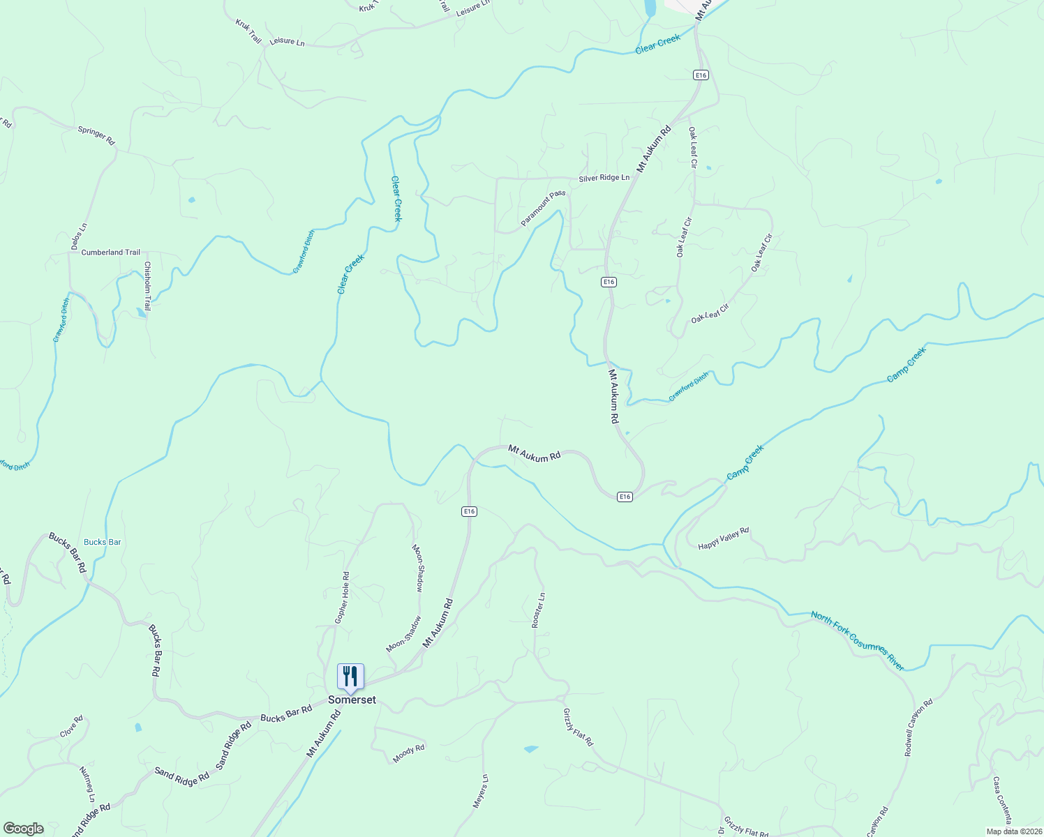 map of restaurants, bars, coffee shops, grocery stores, and more near 5632 Mount Aukum Road in Somerset