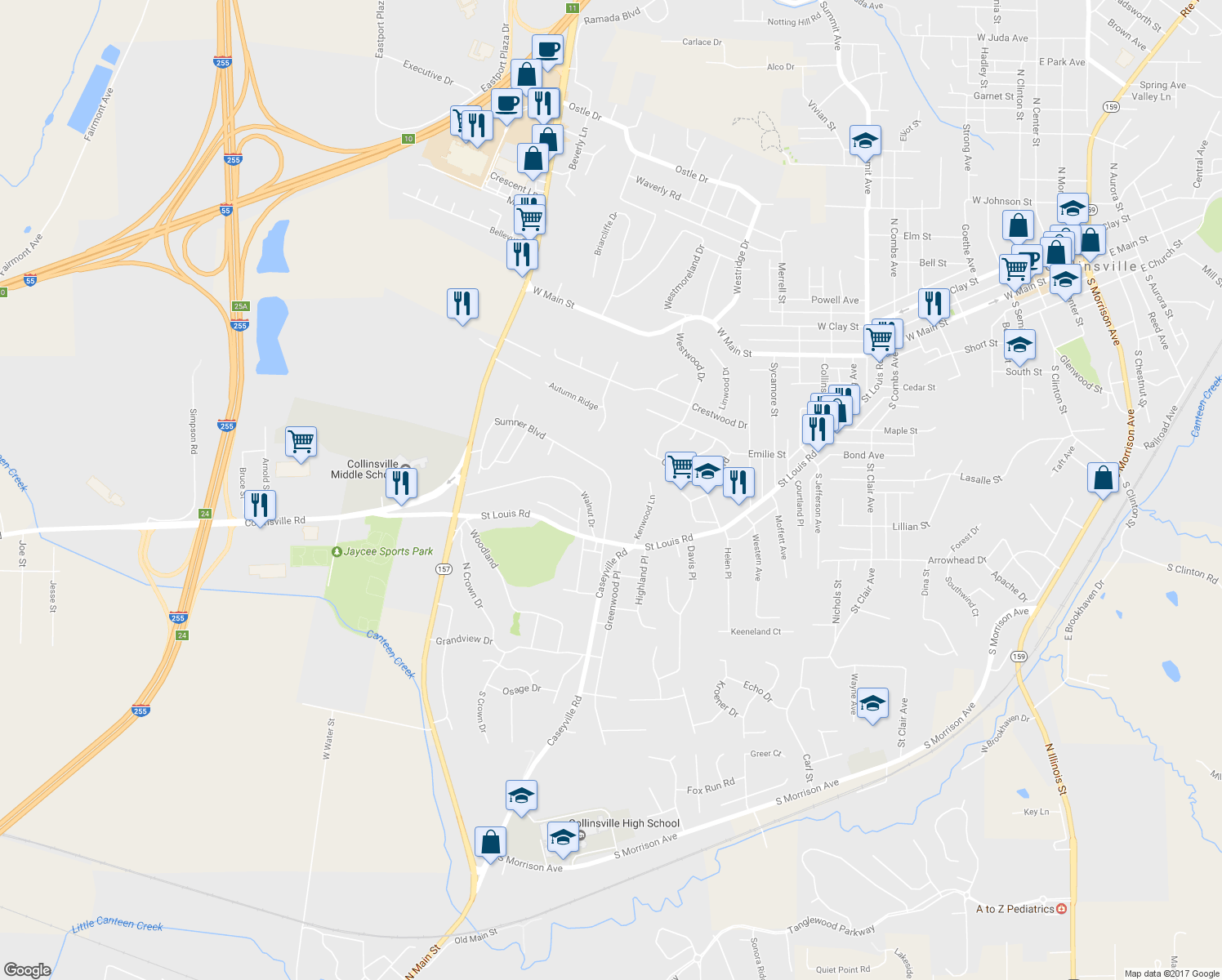 map of restaurants, bars, coffee shops, grocery stores, and more near 154 Sumner Boulevard in Collinsville