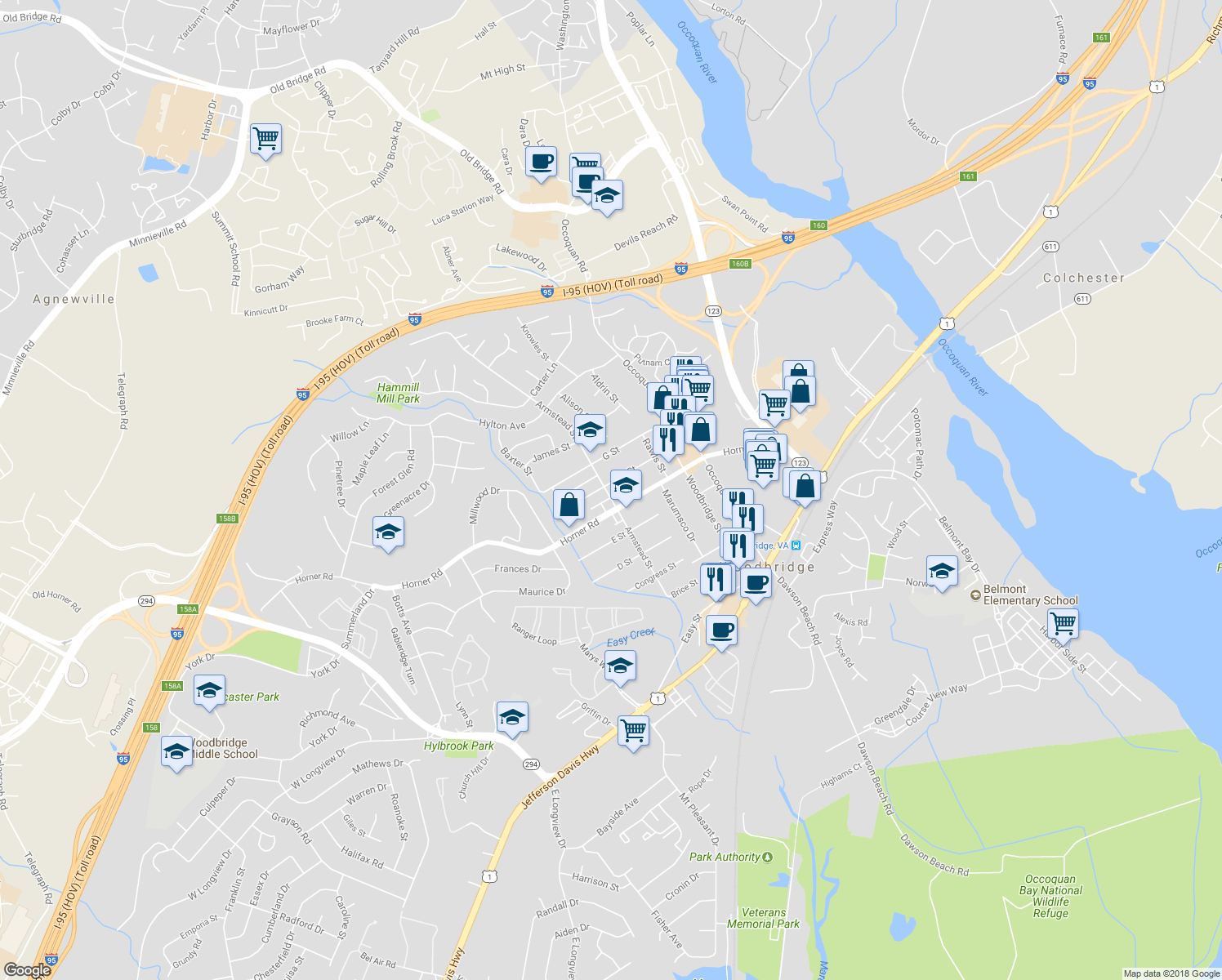 map of restaurants, bars, coffee shops, grocery stores, and more near 1425 F Street in Woodbridge