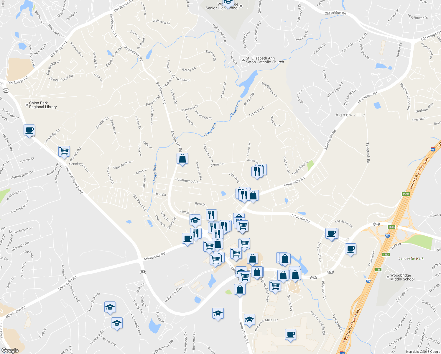 map of restaurants, bars, coffee shops, grocery stores, and more near 13504 Litza Way in Woodbridge