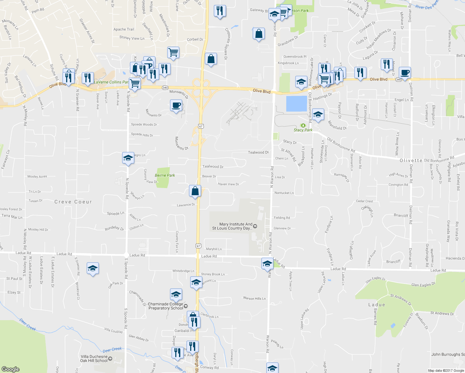 map of restaurants, bars, coffee shops, grocery stores, and more near 13 Haven View Drive in Creve Coeur