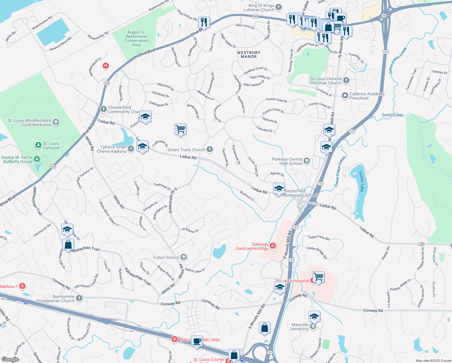 map of restaurants, bars, coffee shops, grocery stores, and more near 14070 Boxford Ct in Chesterfield