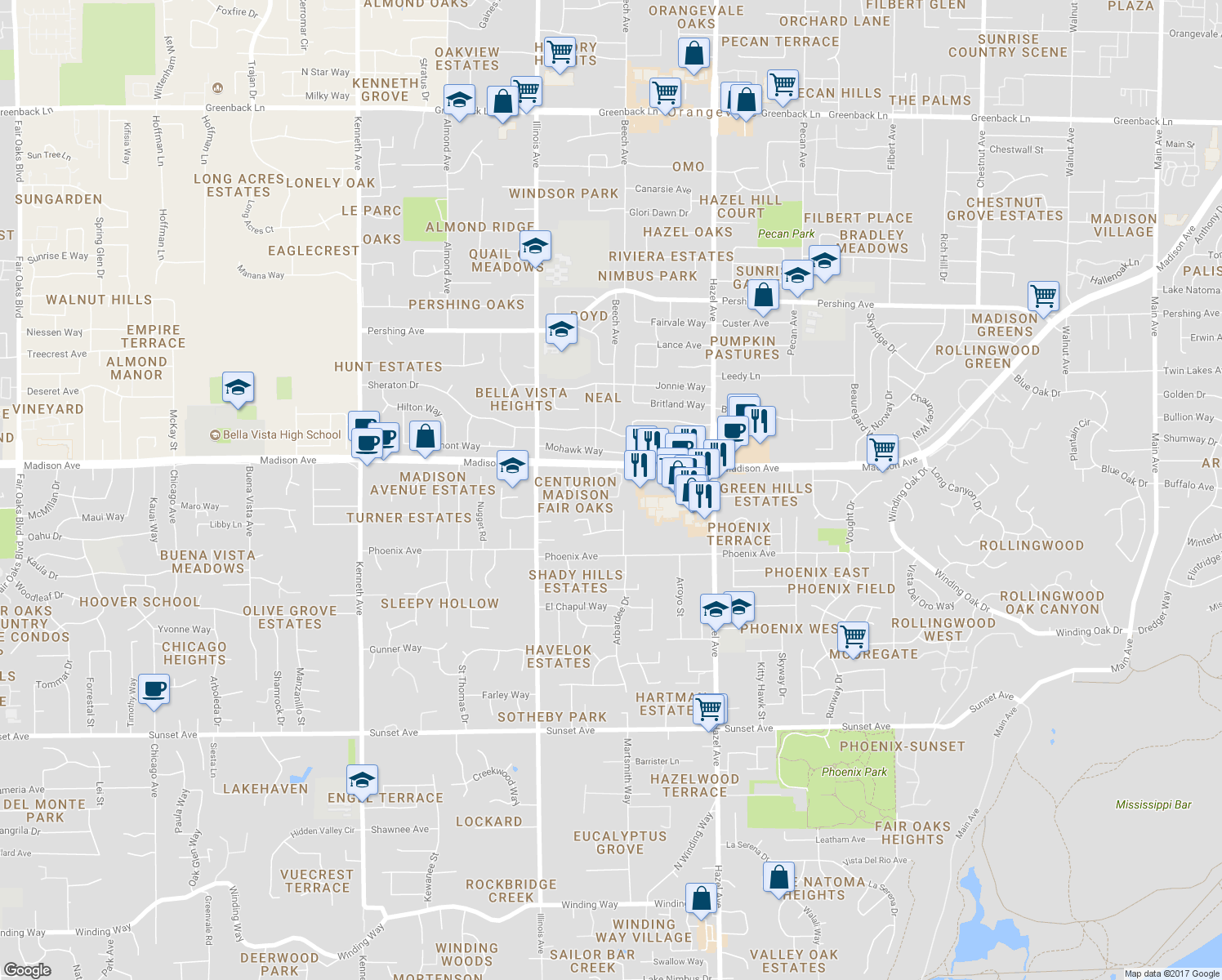 map of restaurants, bars, coffee shops, grocery stores, and more near 4227 Sunrise Boulevard in Fair Oaks