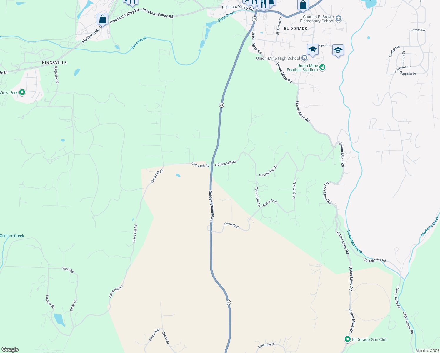 map of restaurants, bars, coffee shops, grocery stores, and more near 5201 China Hill Road in El Dorado County
