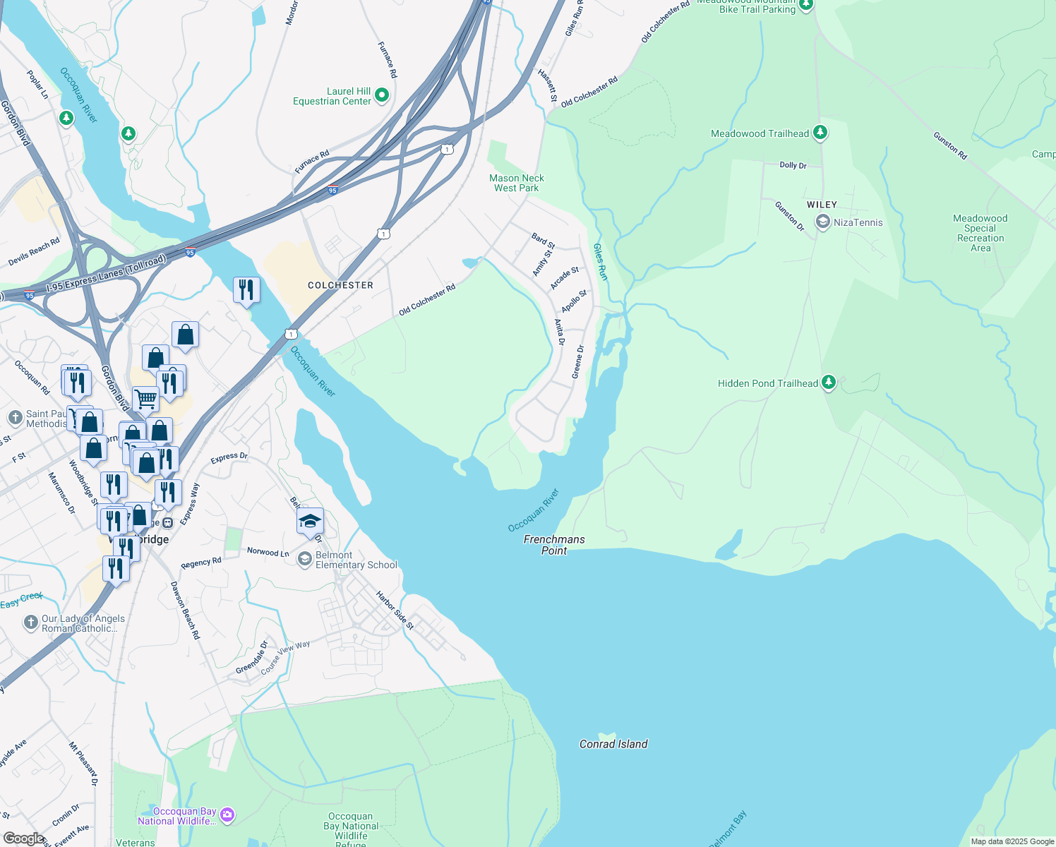 map of restaurants, bars, coffee shops, grocery stores, and more near 10842 Greene Drive in Lorton