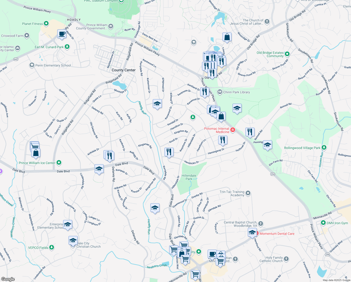 map of restaurants, bars, coffee shops, grocery stores, and more near 4517 Knoll Drive in Woodbridge