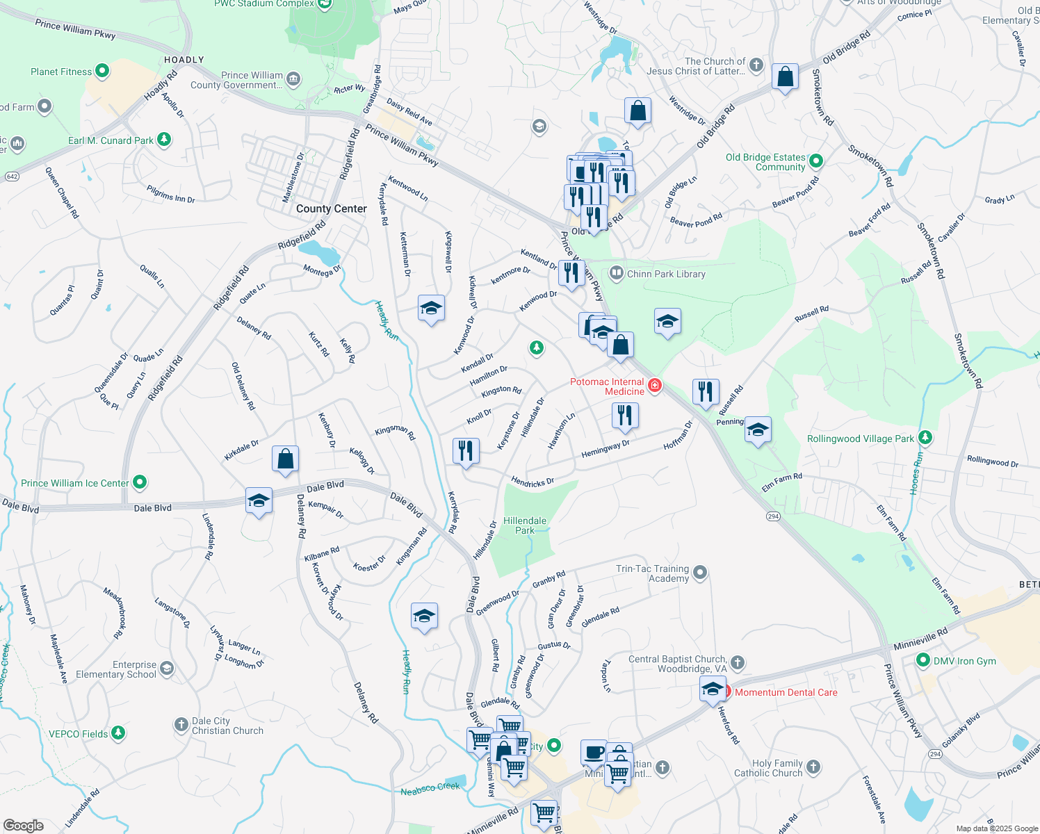 map of restaurants, bars, coffee shops, grocery stores, and more near 13305 Keystone Drive in Woodbridge