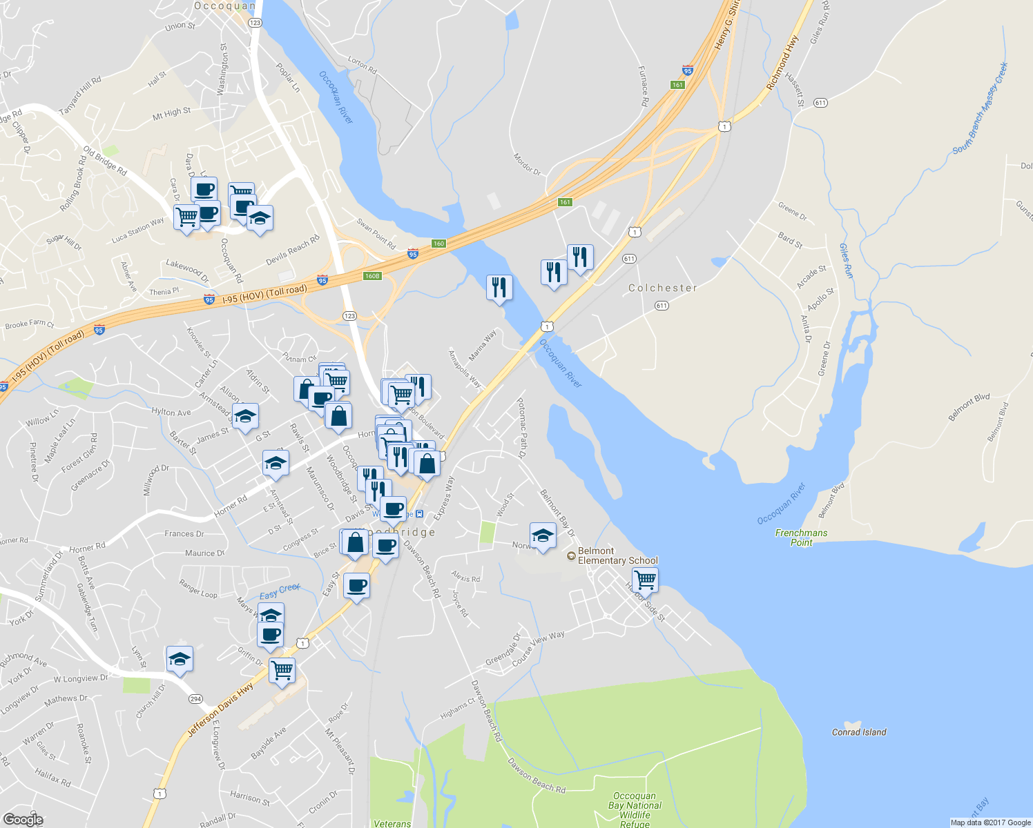 map of restaurants, bars, coffee shops, grocery stores, and more near 13346 Ferry Landing Lane in Woodbridge