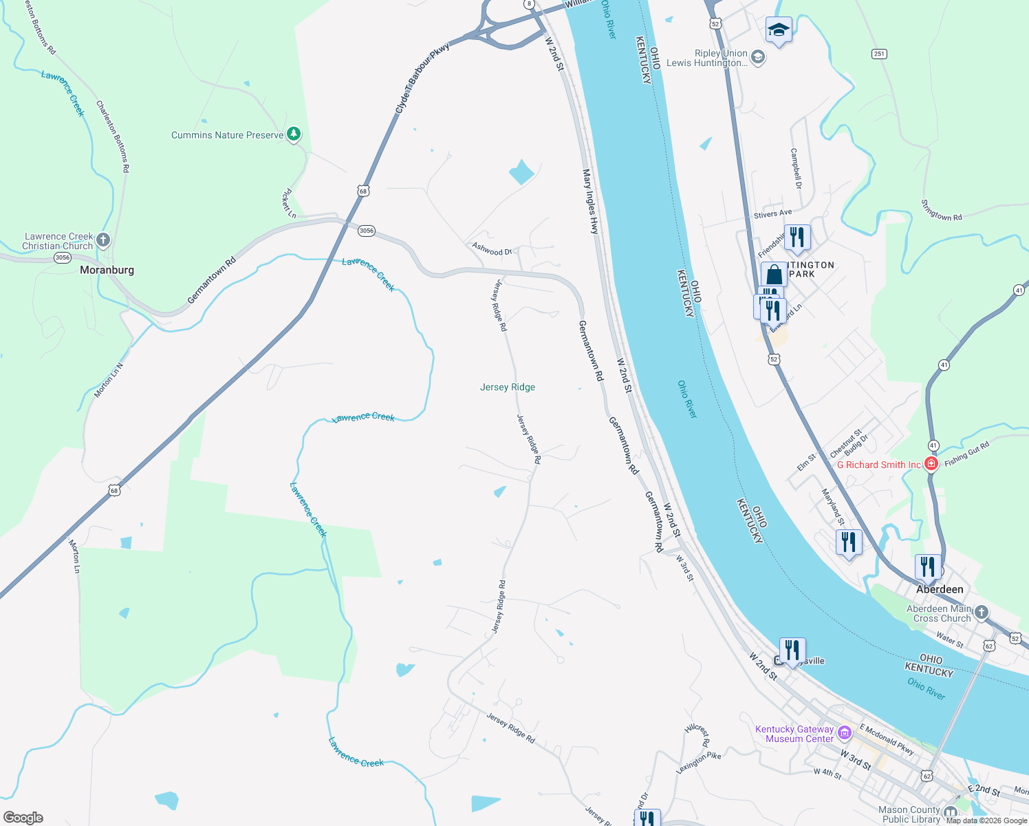 map of restaurants, bars, coffee shops, grocery stores, and more near 938 Jersey Ridge Road in Maysville