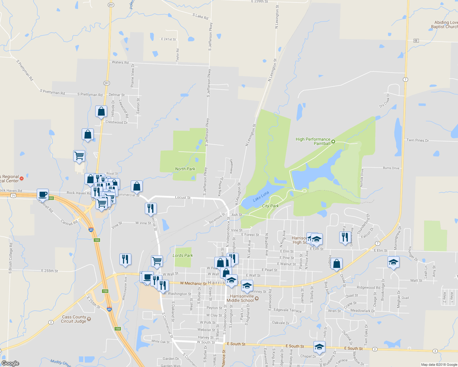 map of restaurants, bars, coffee shops, grocery stores, and more near 5 New Castle Circle in Harrisonville